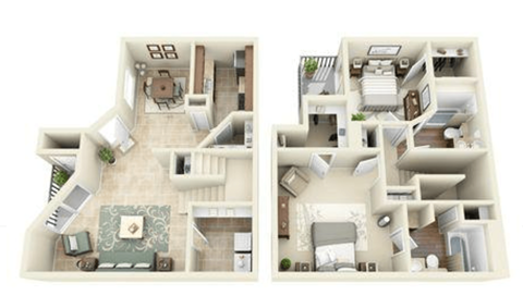 Floor plan for 2 beds, 2 baths, 1300 sqft
